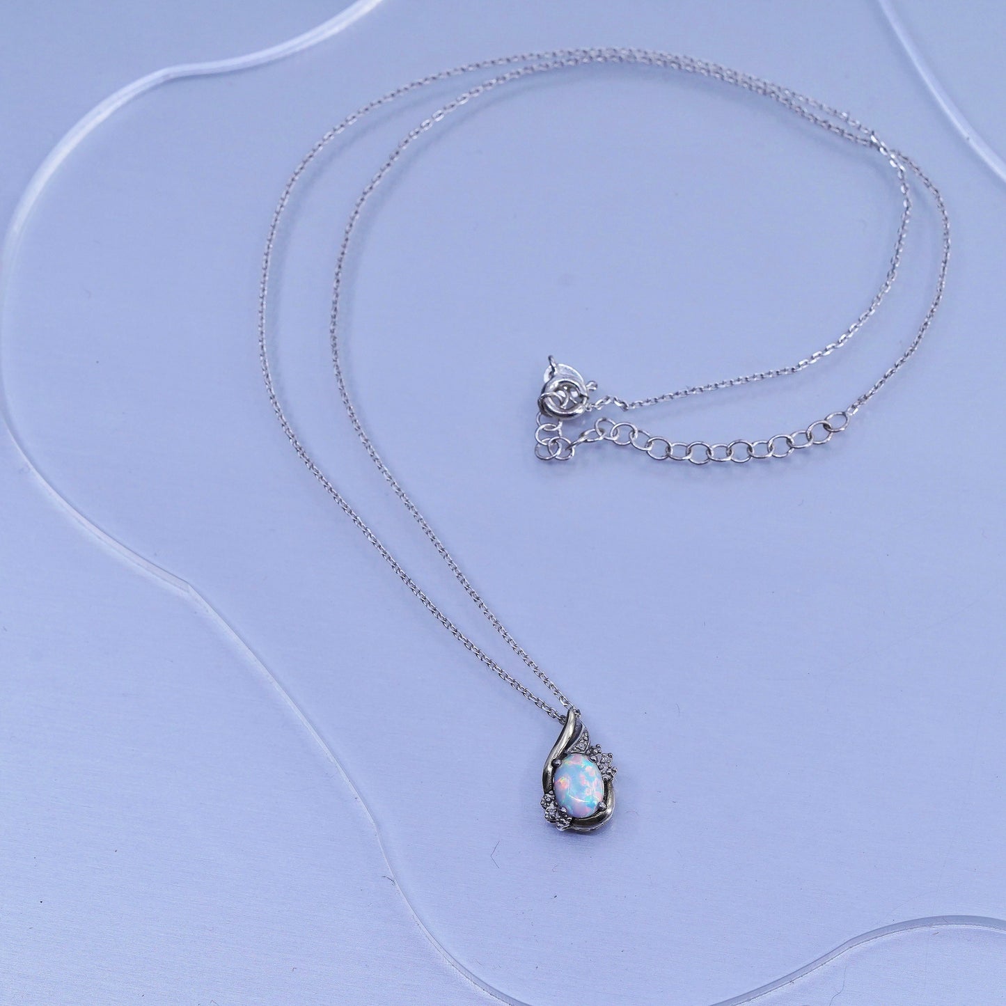 18+2”, Sterling 925 silver circle necklace opal diamond pendant 10K yellow gold