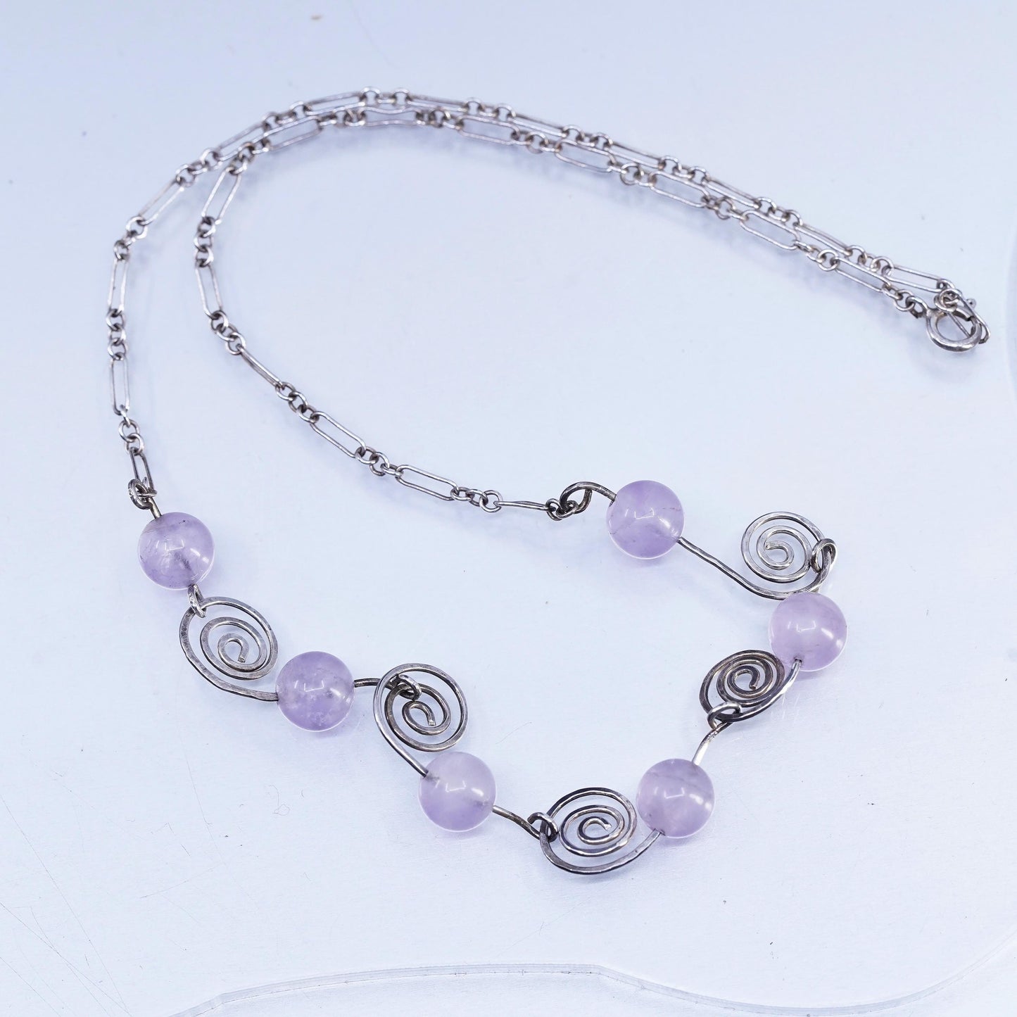 16", vintage Sterling 925 silver elongated chain necklace with amethyst beads