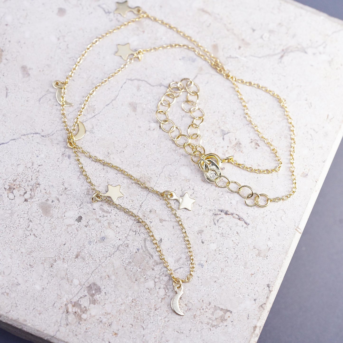 12+3", vermeil gold Sterling silver necklace, 925 circle chain moon star charms