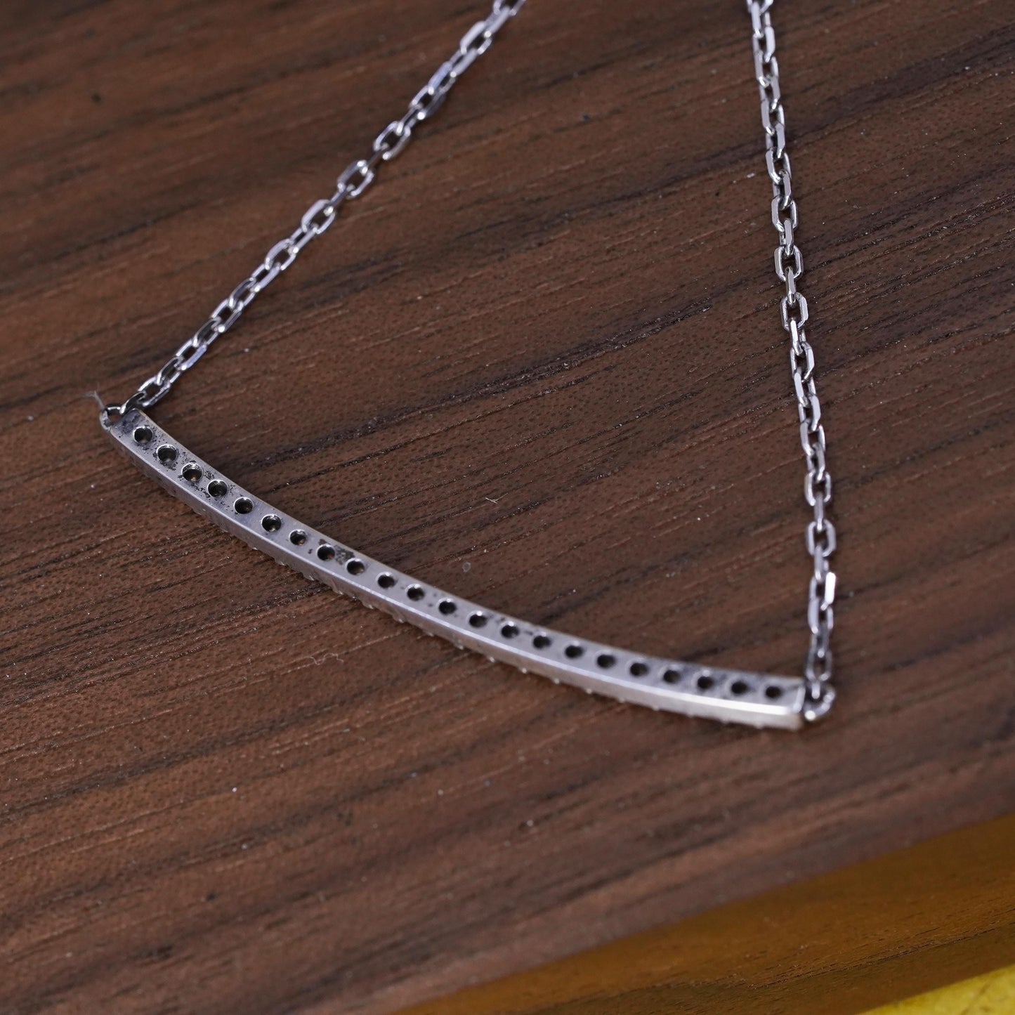 14+2", VTG Italian sterling silver necklace, 925 circle chain cz bar pendant