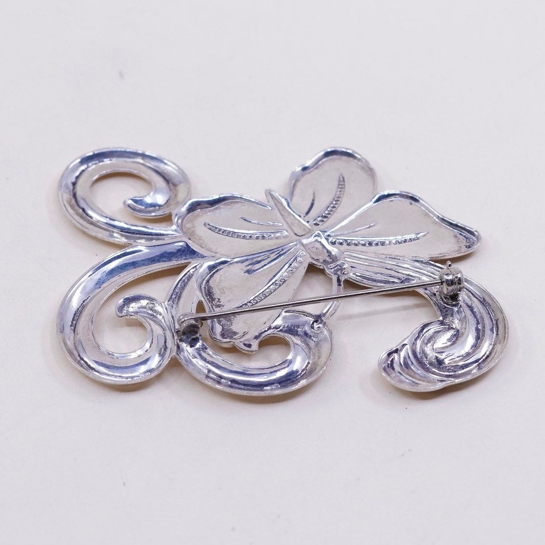 vintage Sterling silver handmade brooch, 925 silver butterfly pin with swirl, silver tested