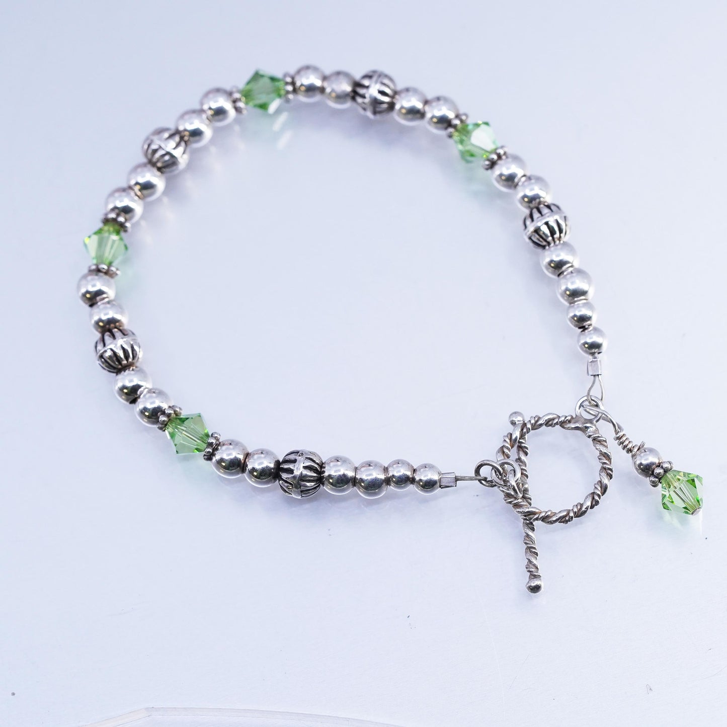 7", vintage Sterling 925 silver bracelet w/ green crystal beads toggle closure