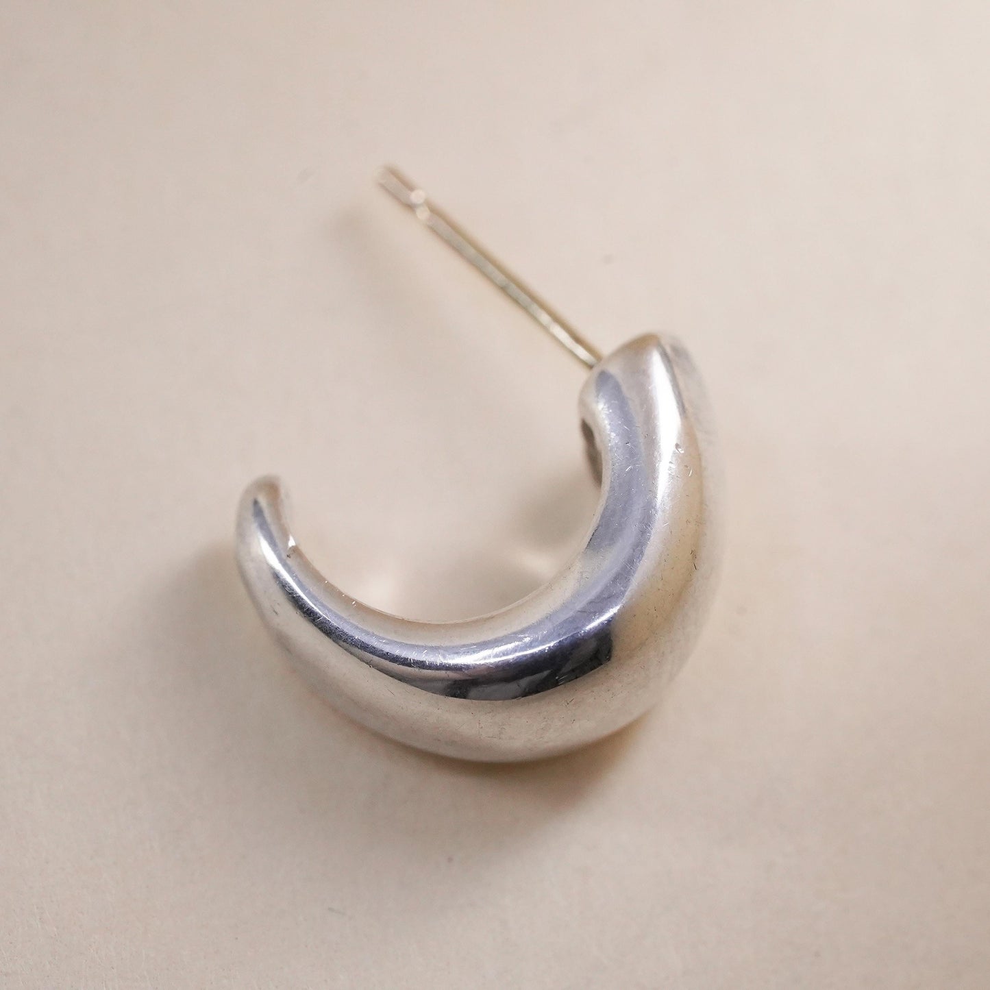 modern single 1 earring. Sterling 925 silver huggie stud 14K yellow gold post