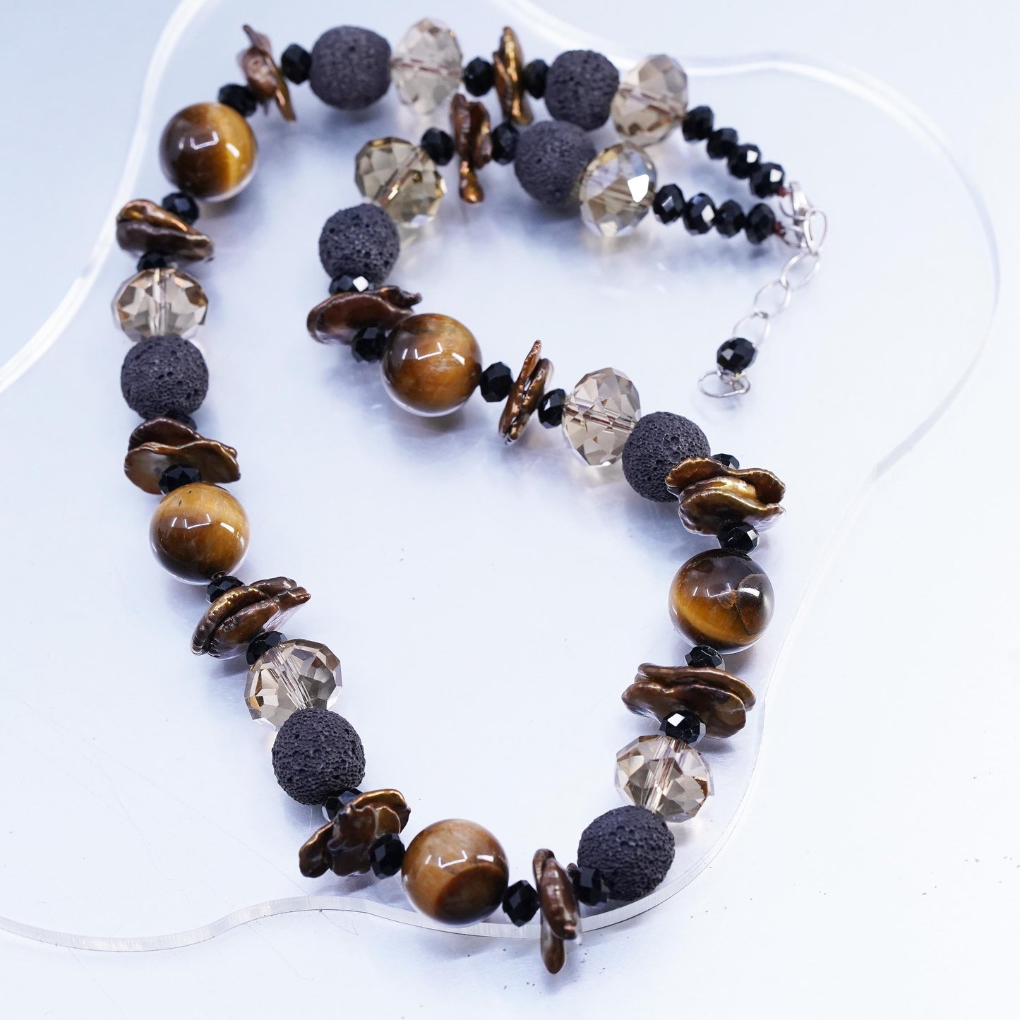 18+1”, Tiger’s Eye, Baroque Pearl sterling silver 925 Necklace Lava Stone Beads