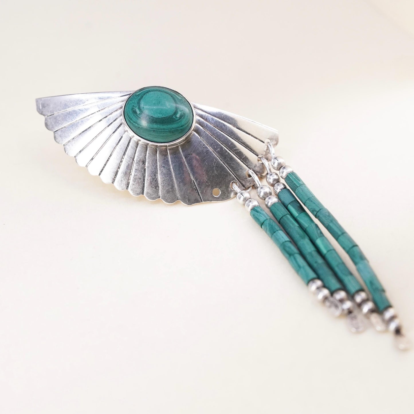Native American single earring Navajo Sterling 925 silver malachite wing fringe