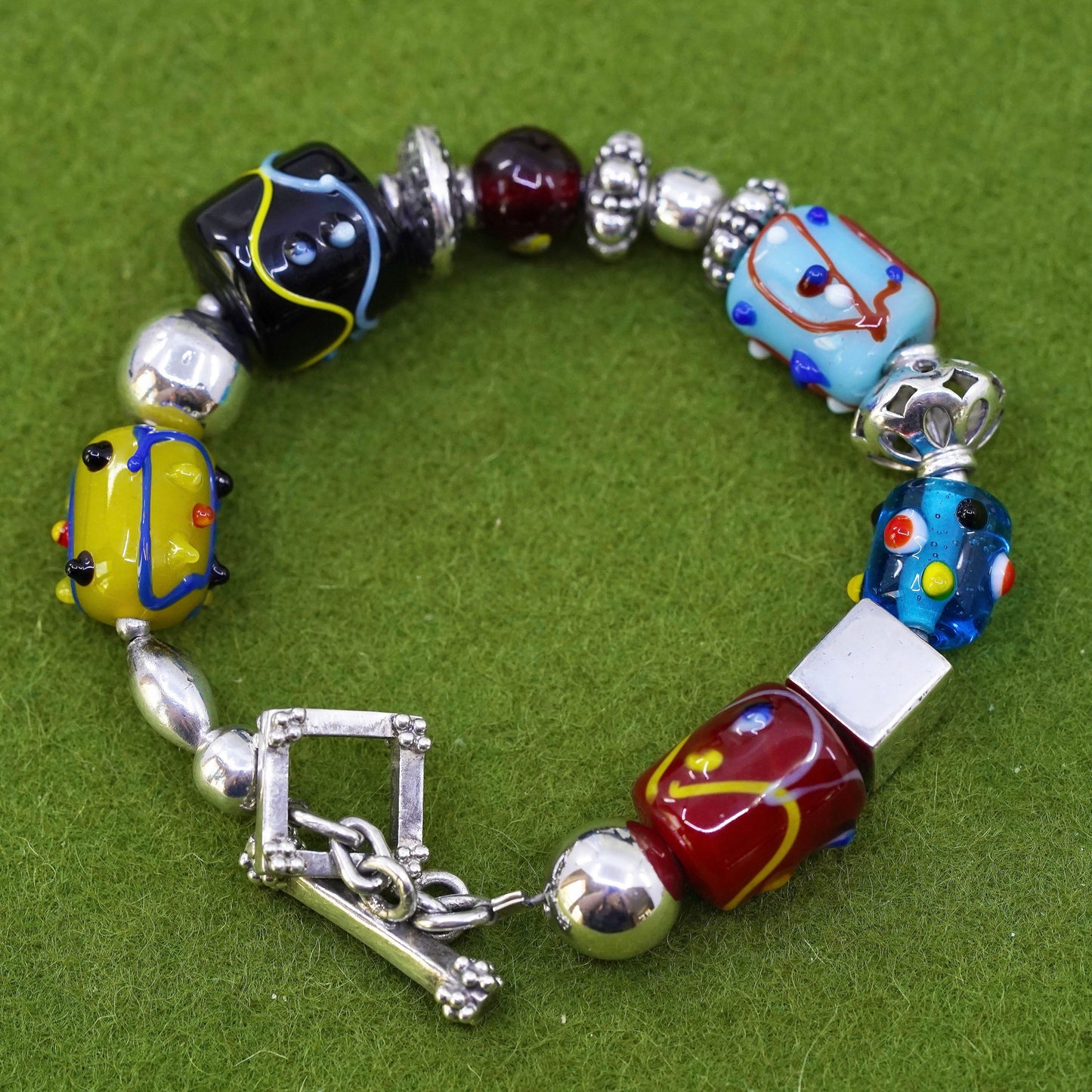 7”, VTG Silpada Sterling Silver Lampwork Art Glass Bead Toggle Bracelet B0871