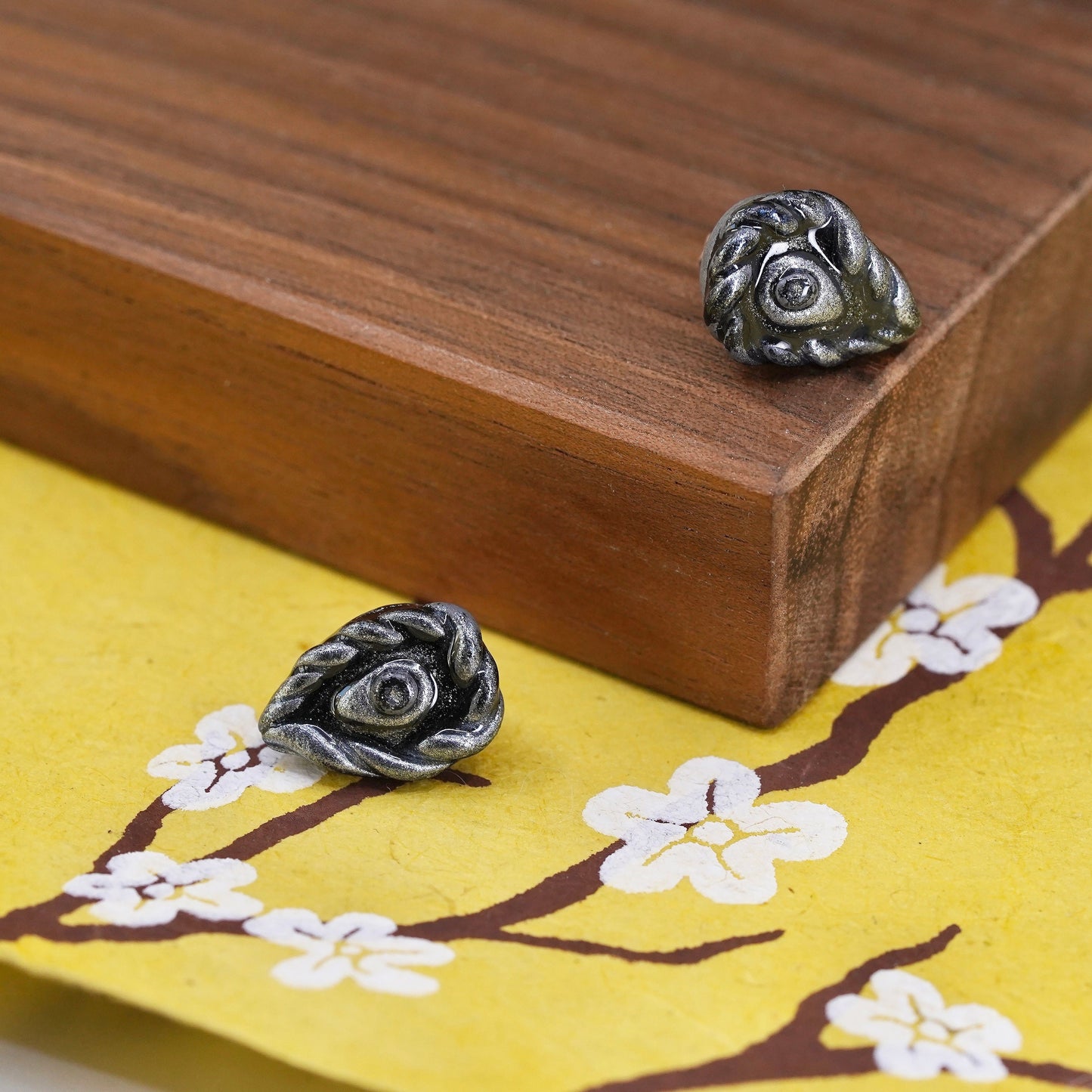 Vintage handmade Sterling silver earrings, 925 black resin studs