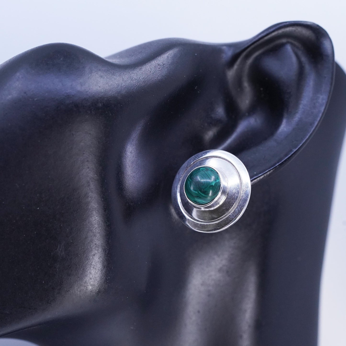 Vintage Mexican 925 Sterling Silver malachite onyx inlay circle studs Earrings