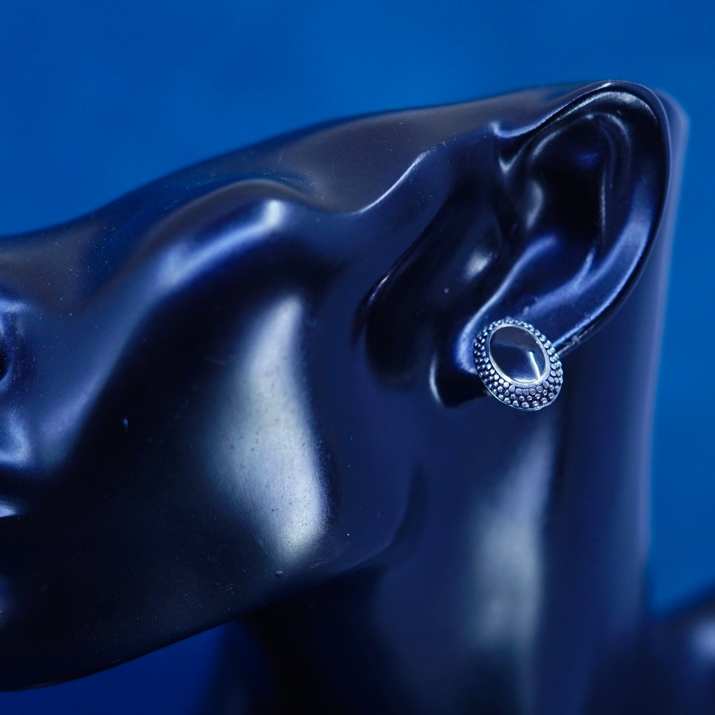 Vintage Sterling silver earrings, 925 oval studs with onyx