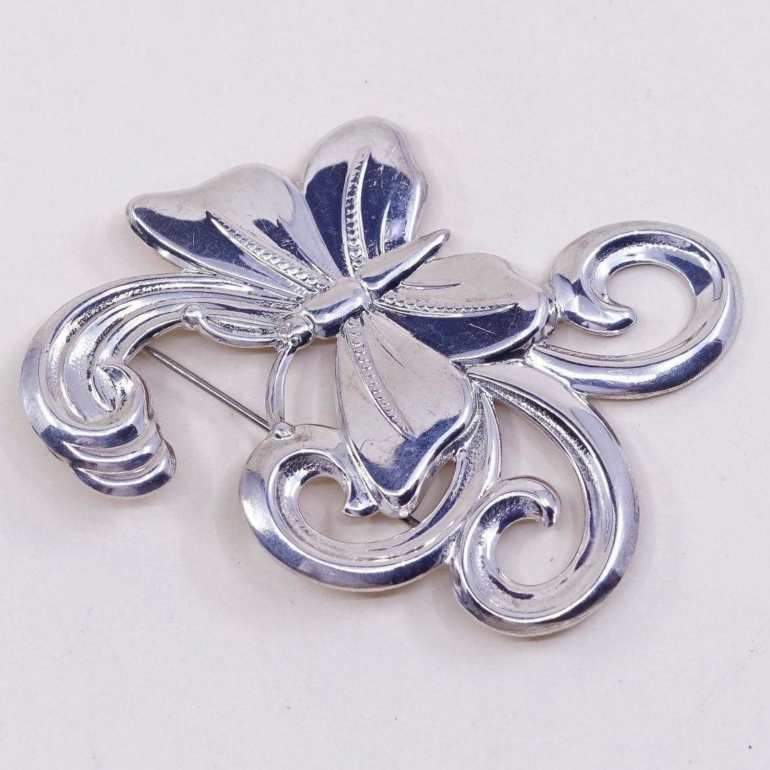 vintage Sterling silver handmade brooch, 925 silver butterfly pin with swirl, silver tested