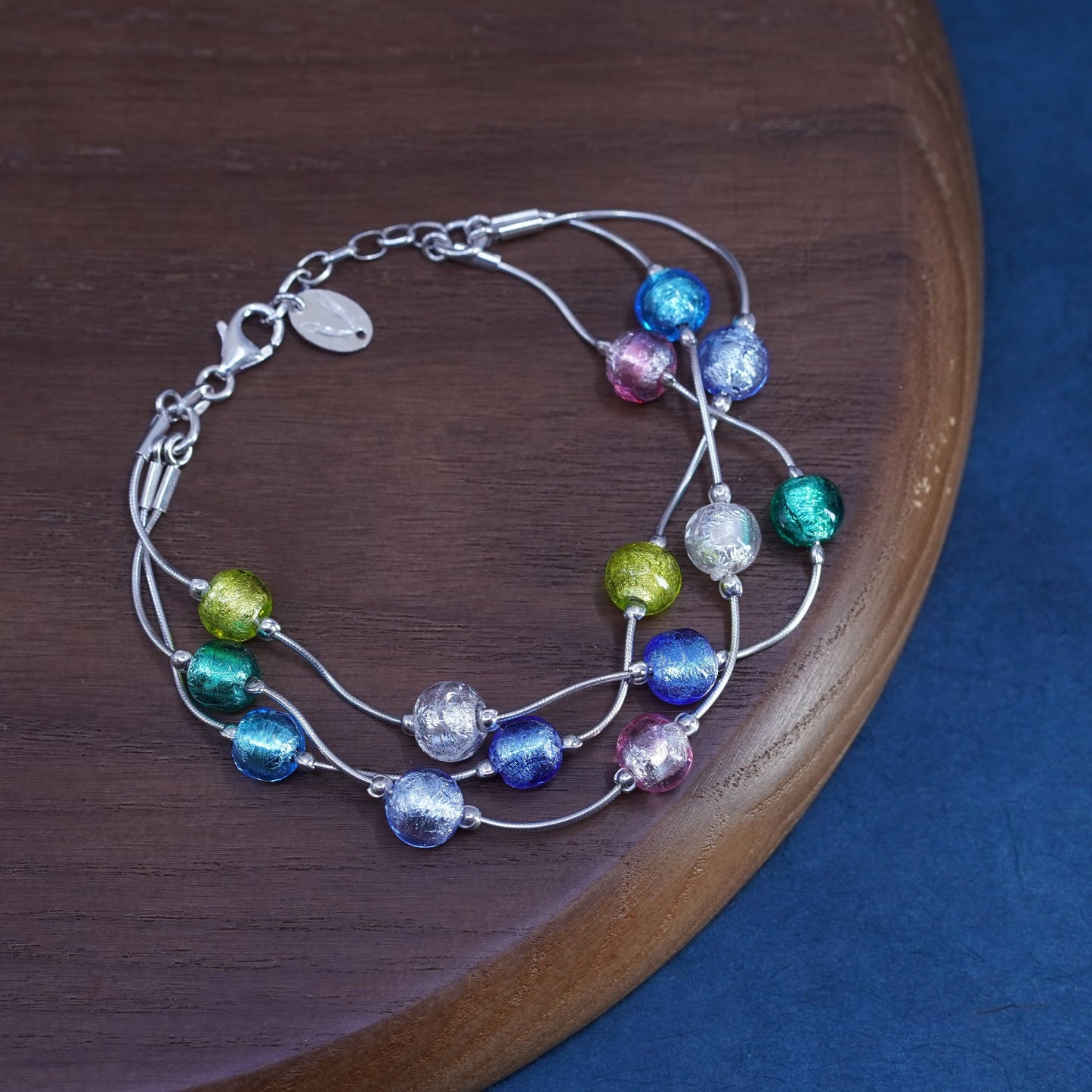 7.5+1”, Antica 925 Sterling silver snake chain bracelet artisan foiled glass
