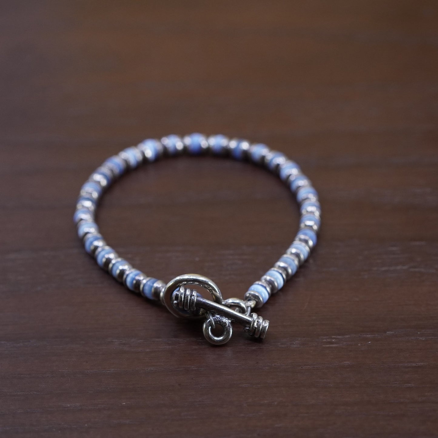 7.25”, vintage Sterling 925 silver beads bracelet with blue cat eye beads