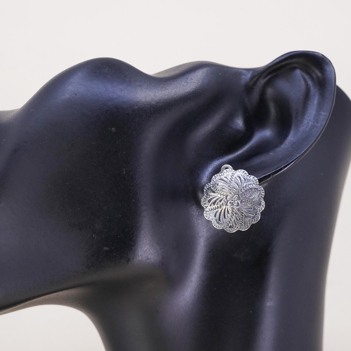 southwestern sterling silver single earring, 925 silver floral textured clip on