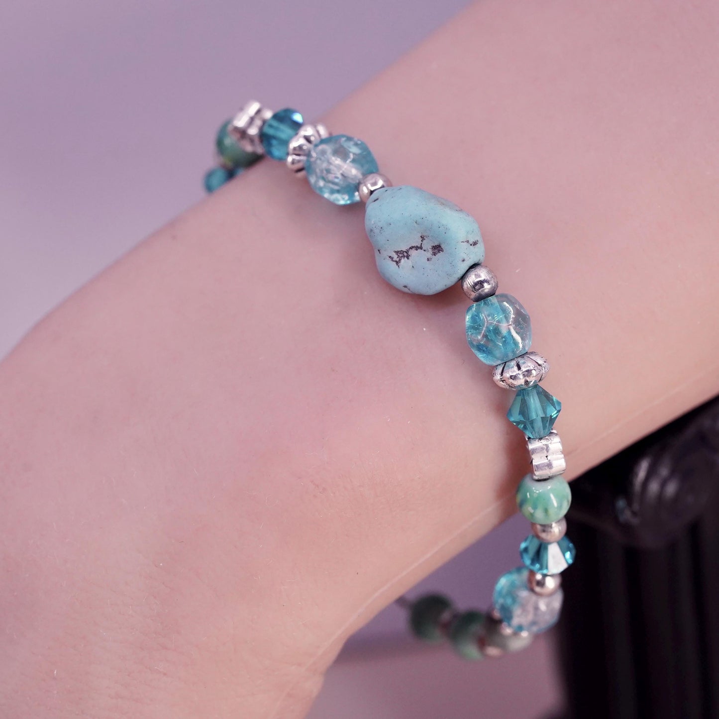 7", Vintage Sterling 925 silver handmade bracelet turquoise nugget crystal