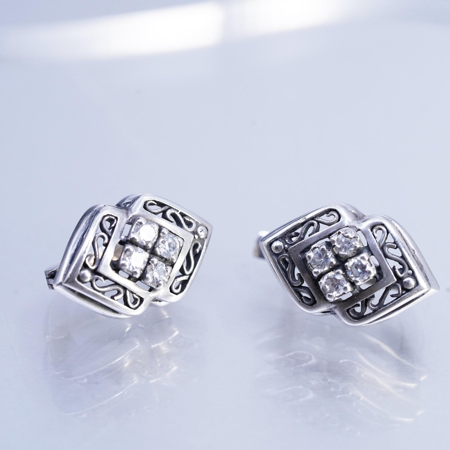 Vintage European Sterling 925 silver filigree earrings, studs with cz
