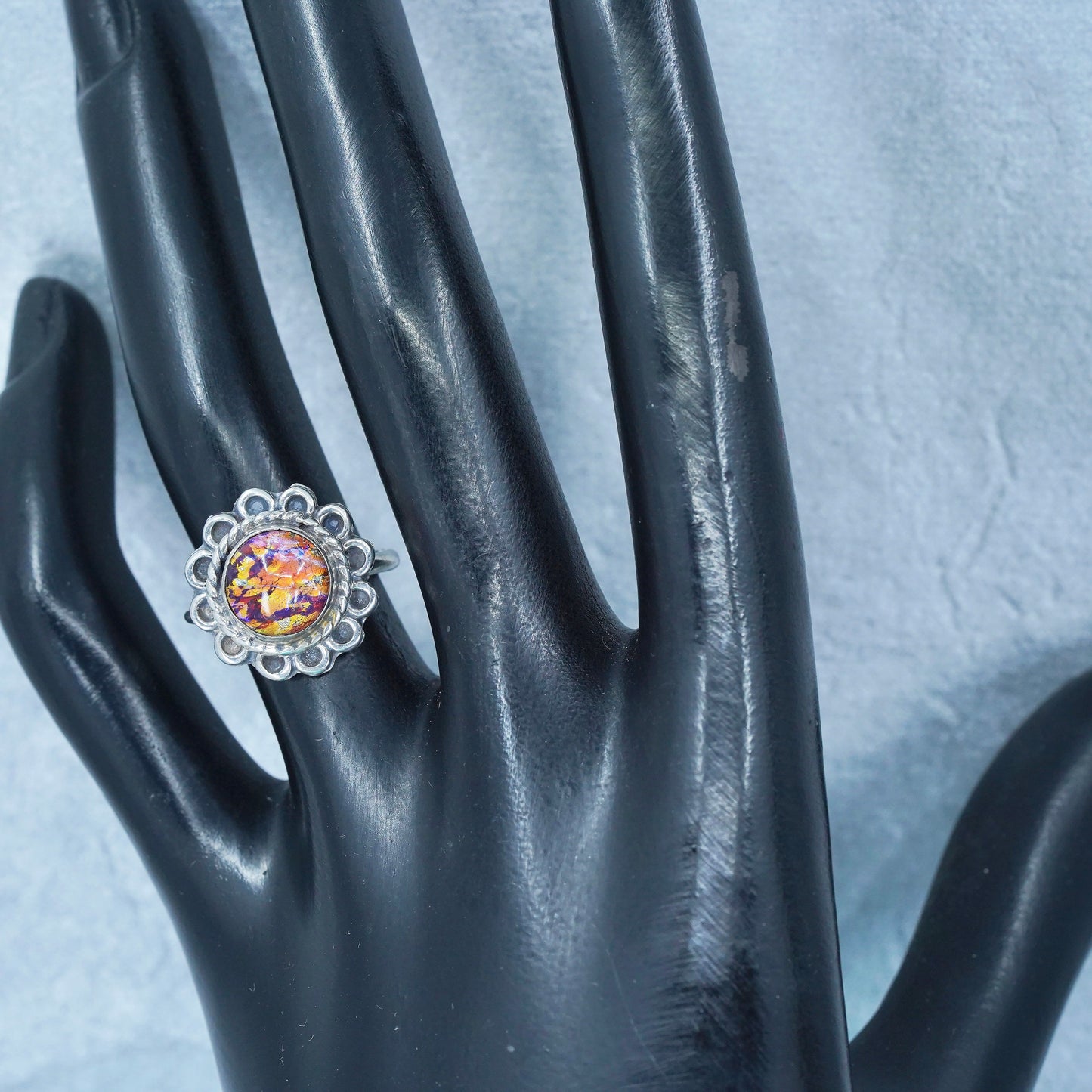 Size 5.5, mexico Sterling 925 silver handmade cocktail ring orange foiled glass