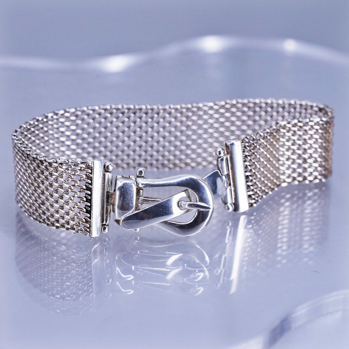 7”, Vintage Italian Sterling 925 silver handmade belt bracelet, mesh chain