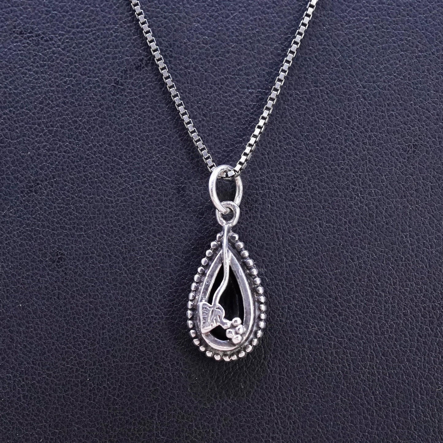 20" 1mm, vintage Sterling silver handmade necklace, 925 box link chain with teardrop onyx pendant, stamped 925