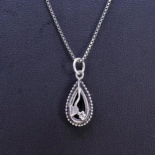 20" 1mm, vintage Sterling silver handmade necklace, 925 box link chain with teardrop onyx pendant, stamped 925