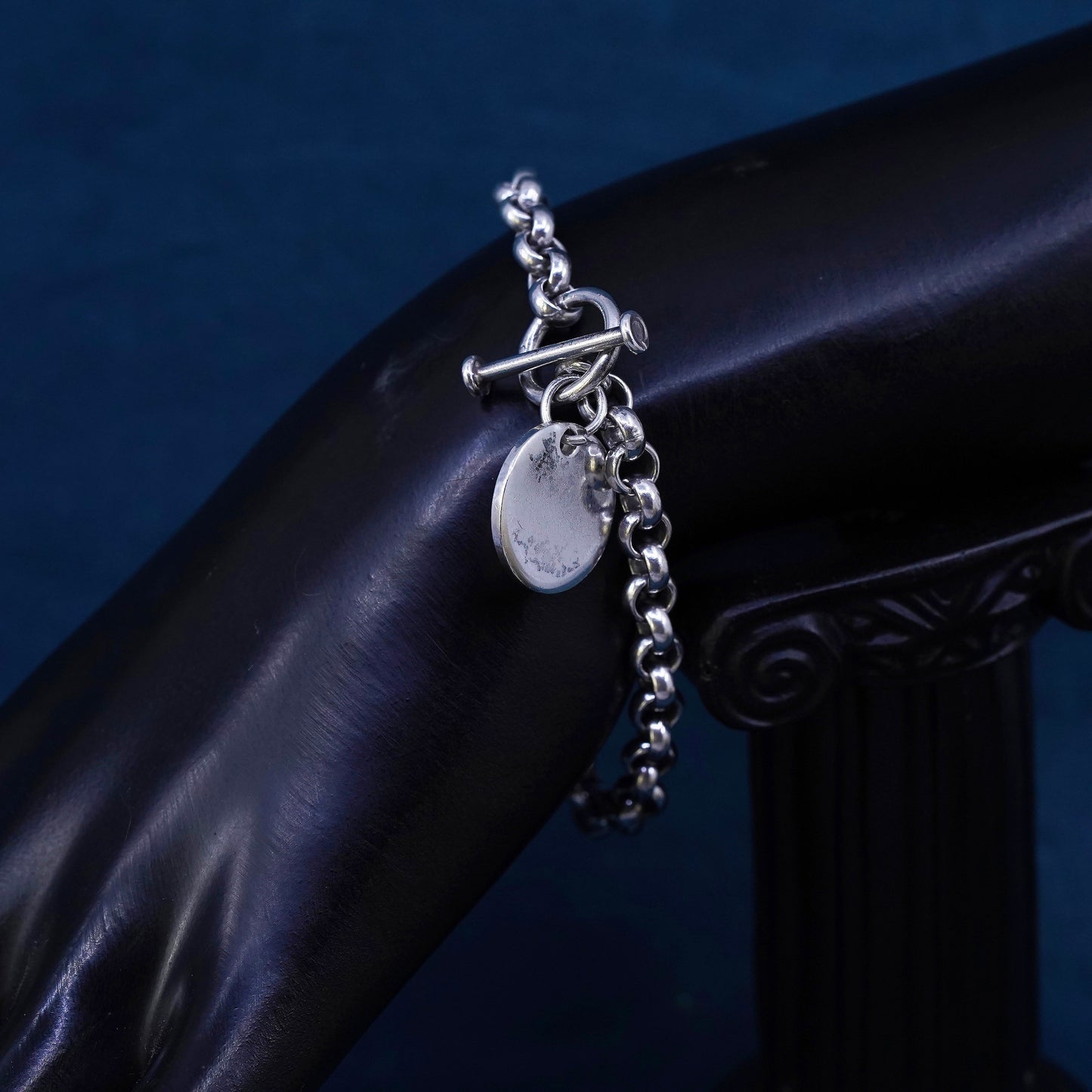 6.75", vintage Sterling silver bracelet, 925 bold circle chain circle tag charm