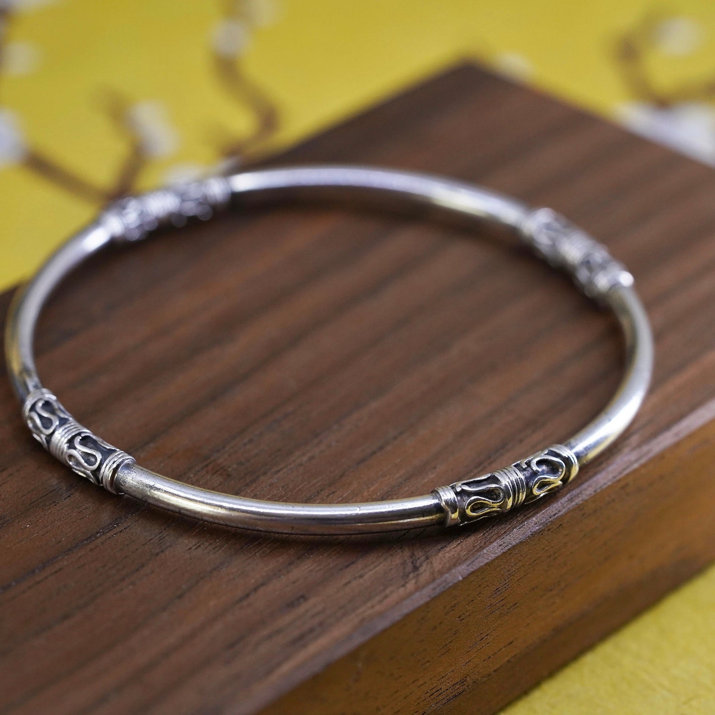 7.75”, Vintage Sterling silver handmade stackable bracelet, 925 Bali bangle