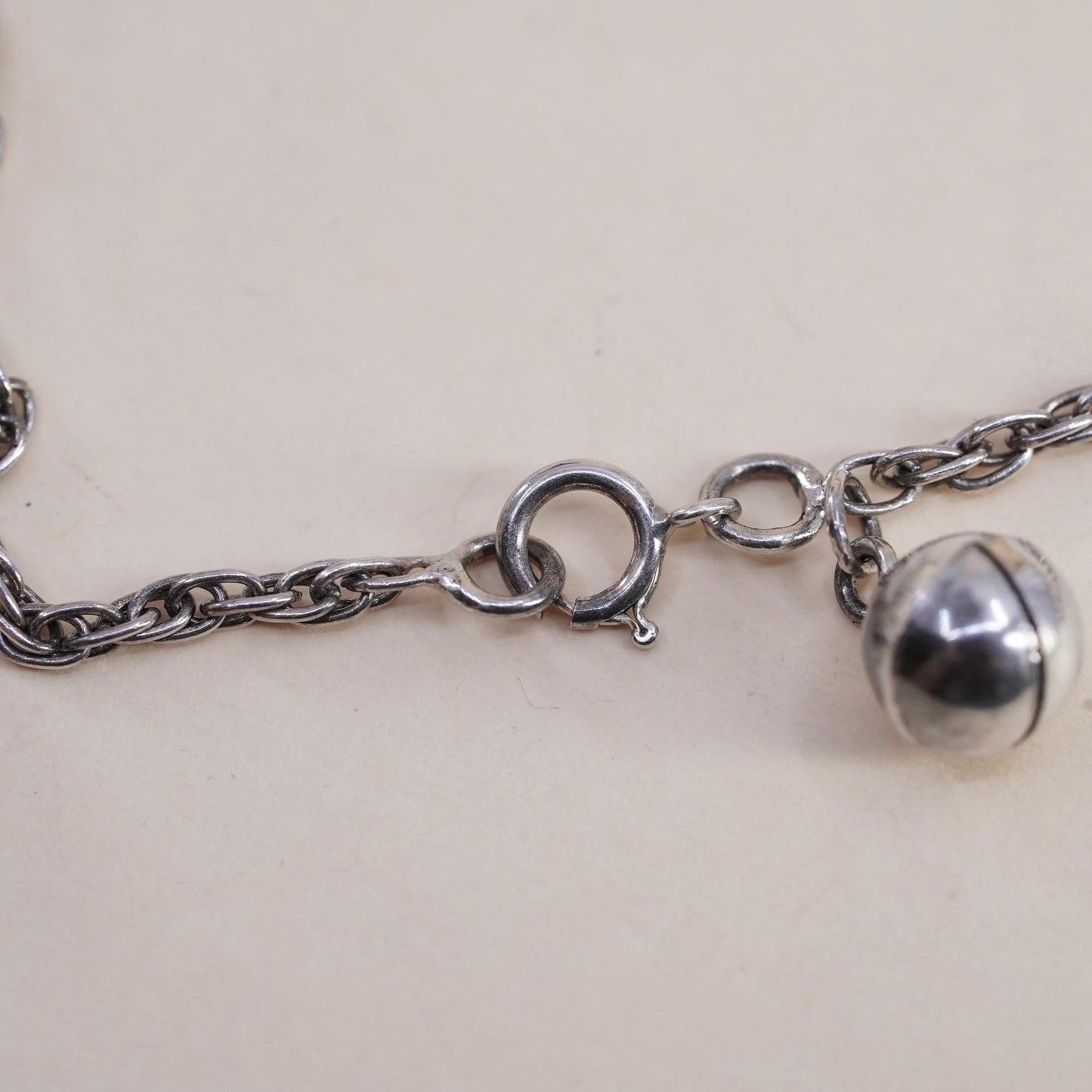 10.75”, sterling silver anklet bracelet, 925 Singapore rope bell chime charms