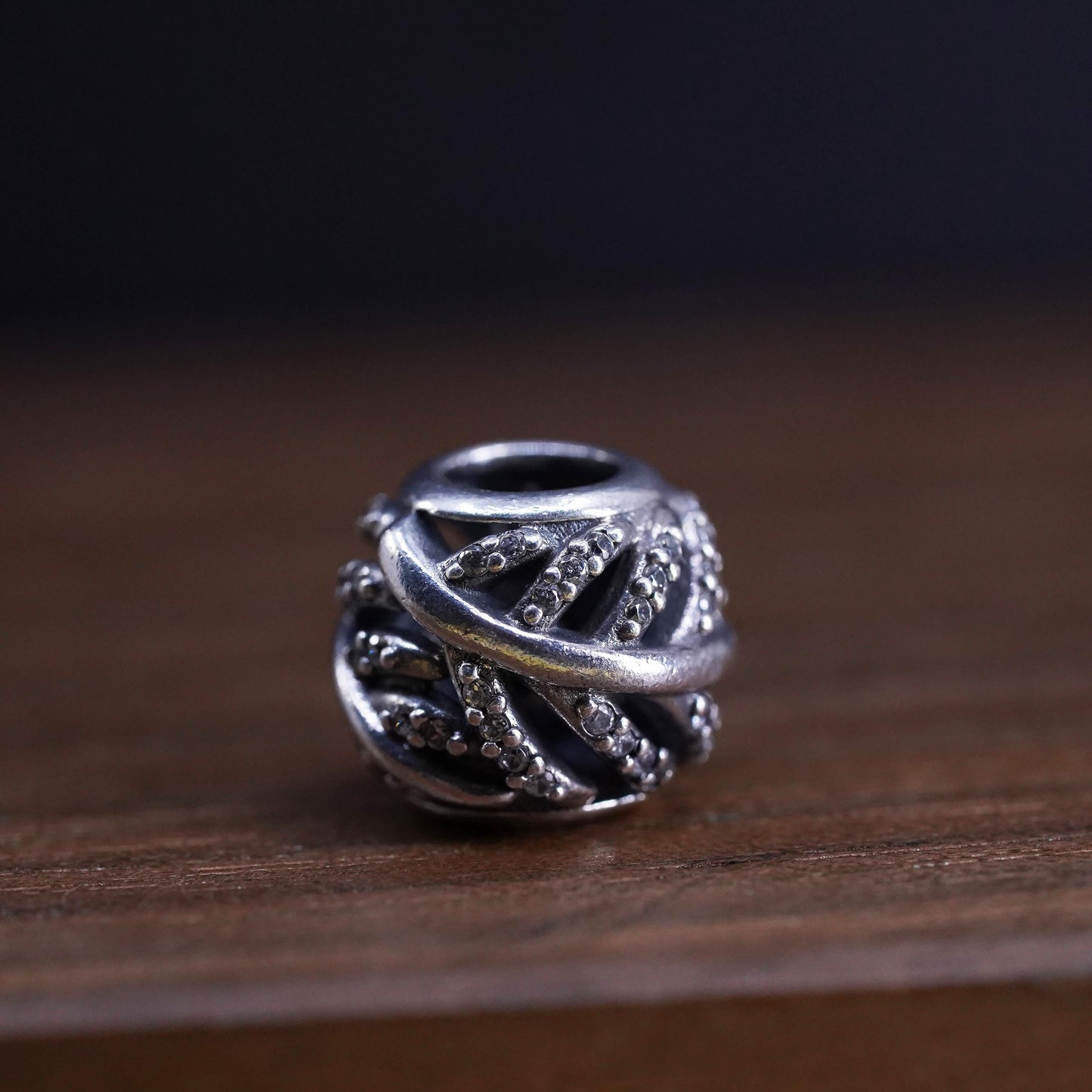 Vintage Sterling 925 silver handmade pendant leaf bead charm with cluster cz