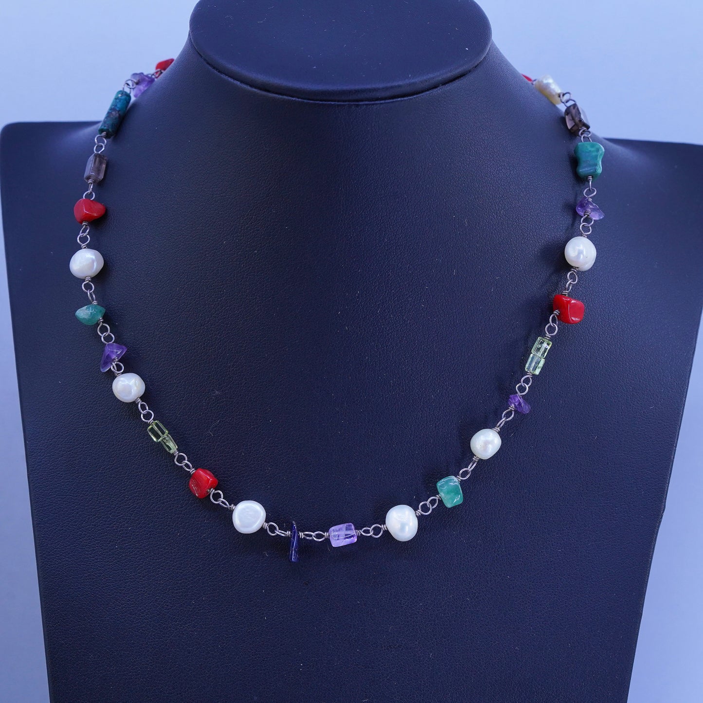 16”, Silpada Multi 925 Silver Necklace Retired Pearl Coral Turquoise Amethyst