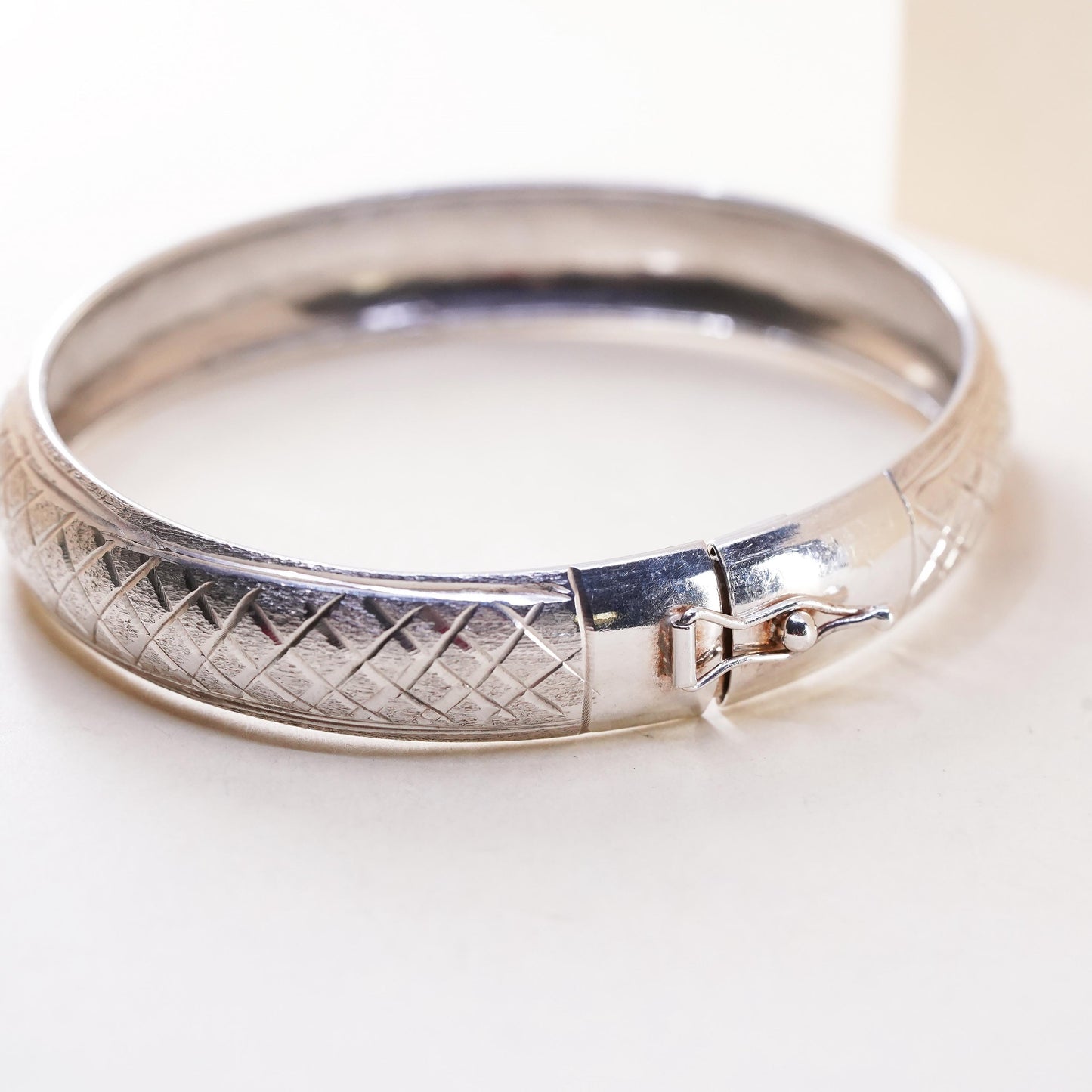 7”, vintage Sterling silver bracelet, textured 925 bangle with latch closure