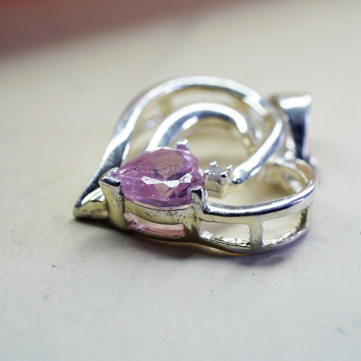 Vintage sterling silver pendant, heart 925 silver charm with pink crystal