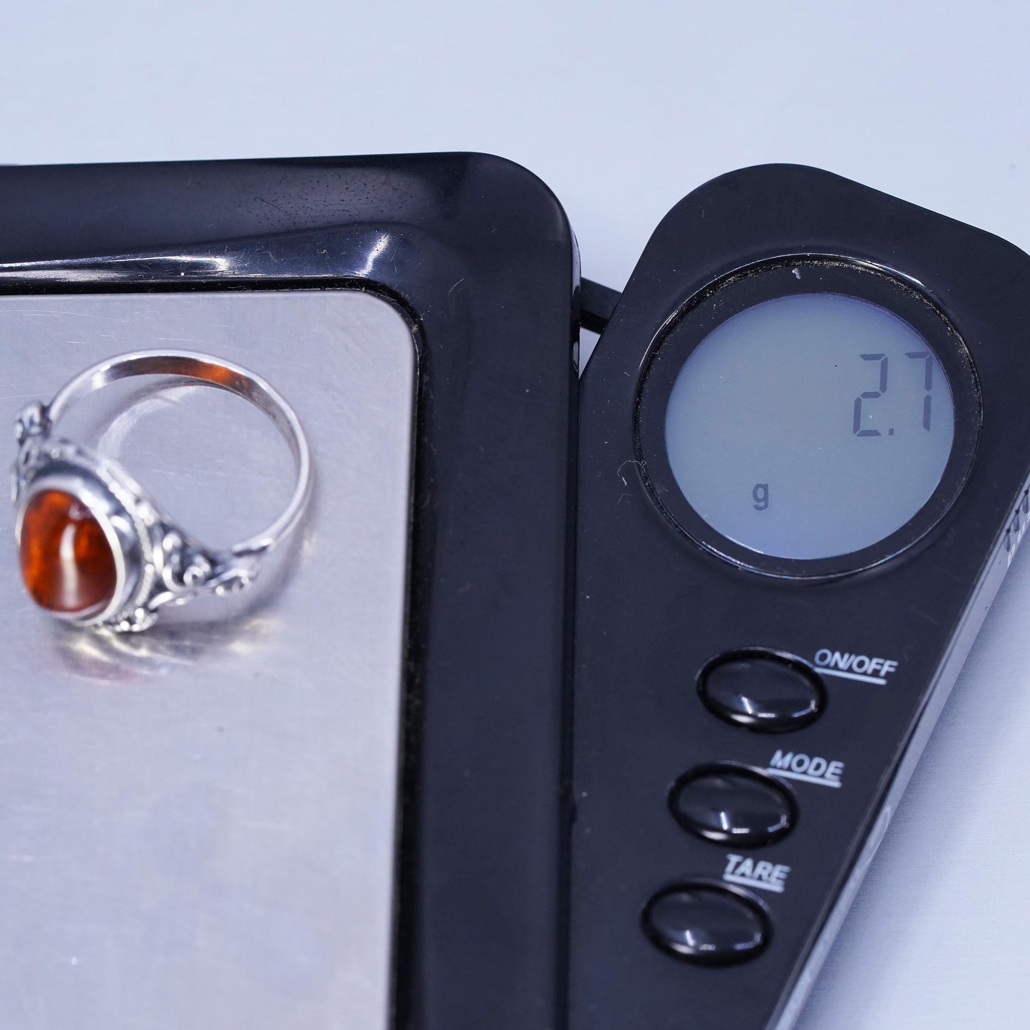 Size 5.5, vintage Sterling 925 silver handmade ring with oval Amber