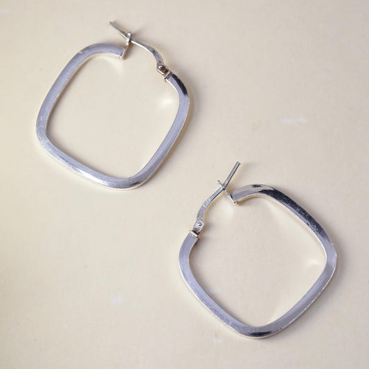 1.25" Vintage sterling silver loop earrings, primitive square hoops