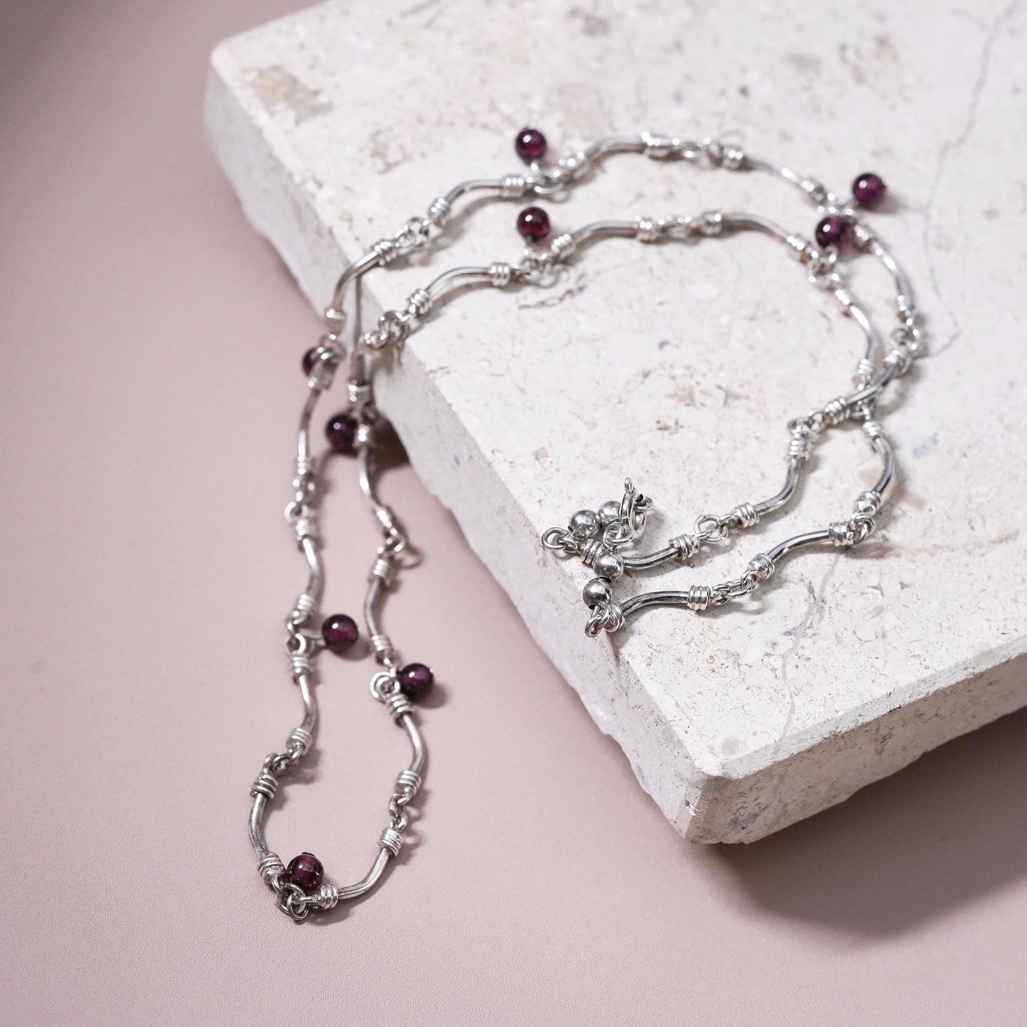 16” 2mm, vintage Sterling silver necklace, 925 bone bar chain with garnet beads