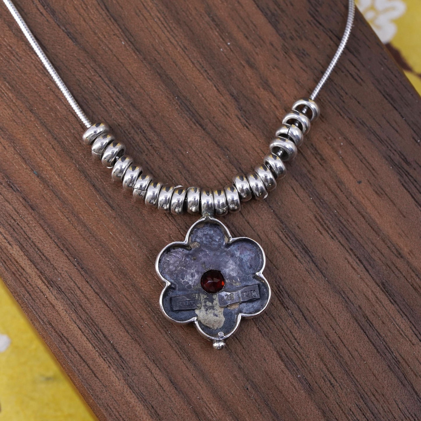 18” Vintage 14K flower Sterling silver pendant, 925 snake chain necklace beads
