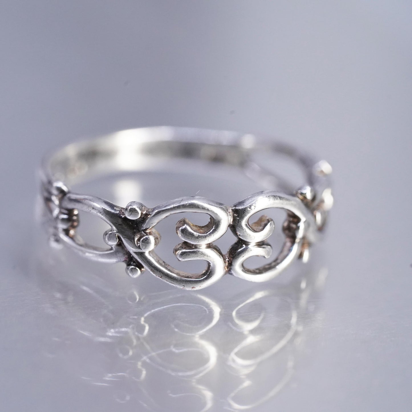 Size 9, Vintage Sterling Silver Handmade Ring, 925 filigree heart band