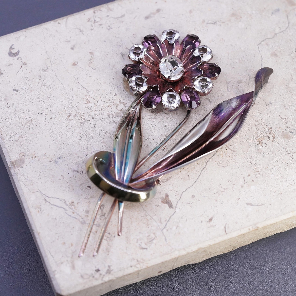 Sterling 925 Silver Crystal Rhinestone Flower Brooch Large Floral Bouquet Pin