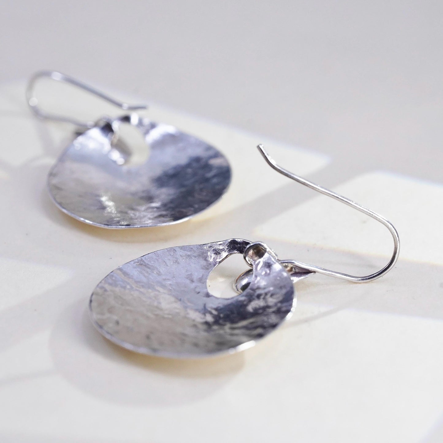 Vintage sterling silver handmade earrings, 925 silver round dangles hammered