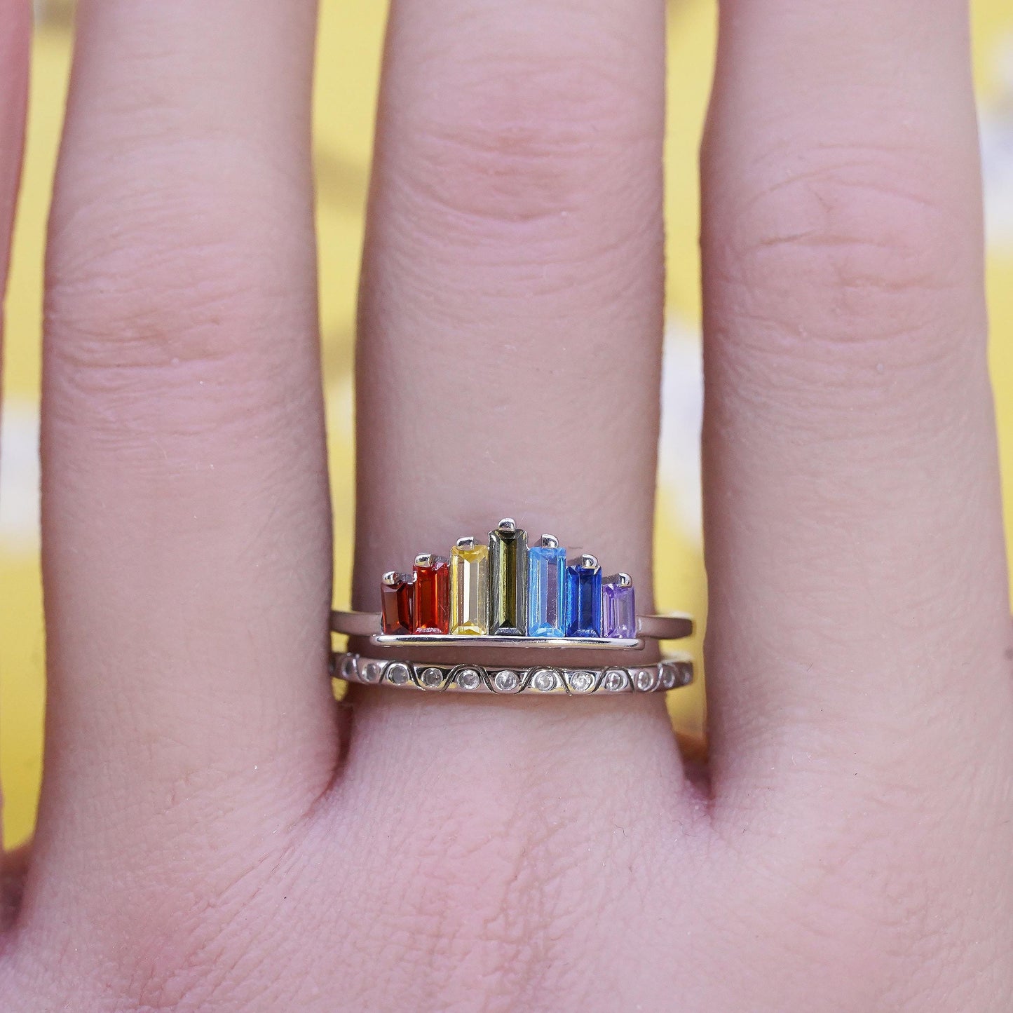 Rainbow Baguette Sterling Silver 925 Rings, Rainbow Crown Ring, Pride Jewelry
