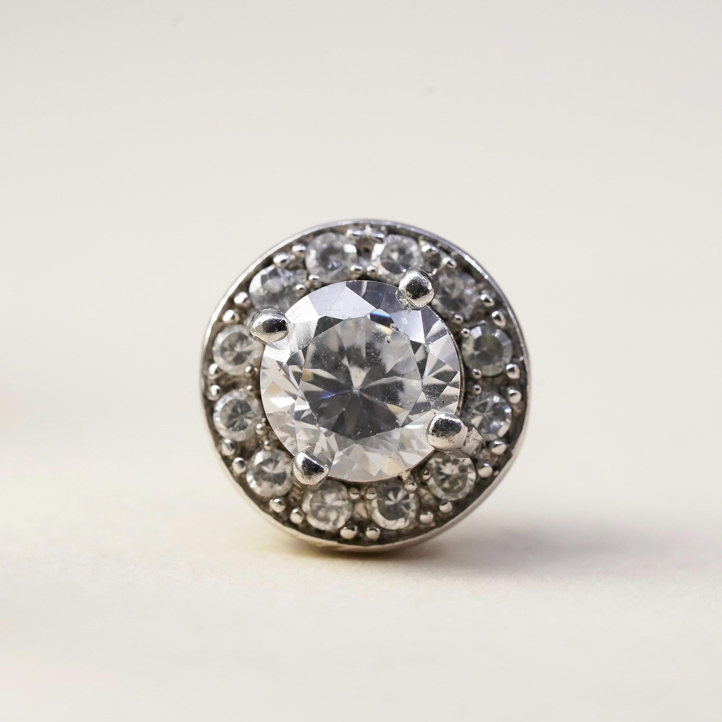Vintage handmade single earring. Sterling 925 silver cz circle stud