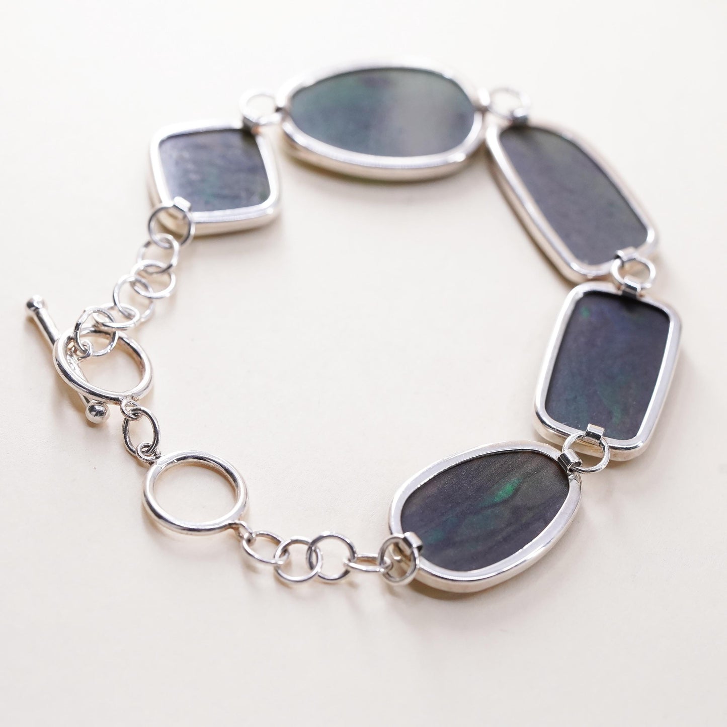 7.25+0.5”, VTG LUC sterling silver 925 handmade bracelet abalone toggle closure