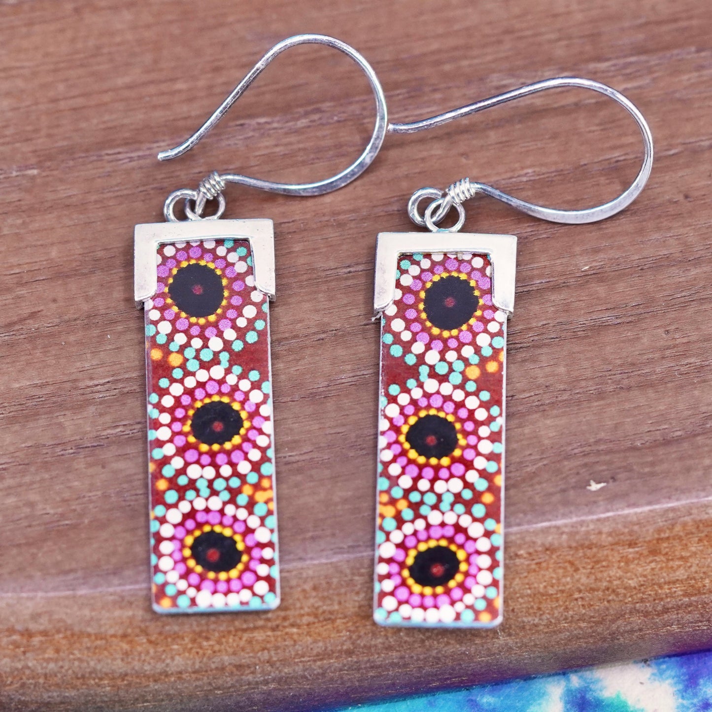 Vintage sterling 925 silver handmade earrings with artisan metal plate