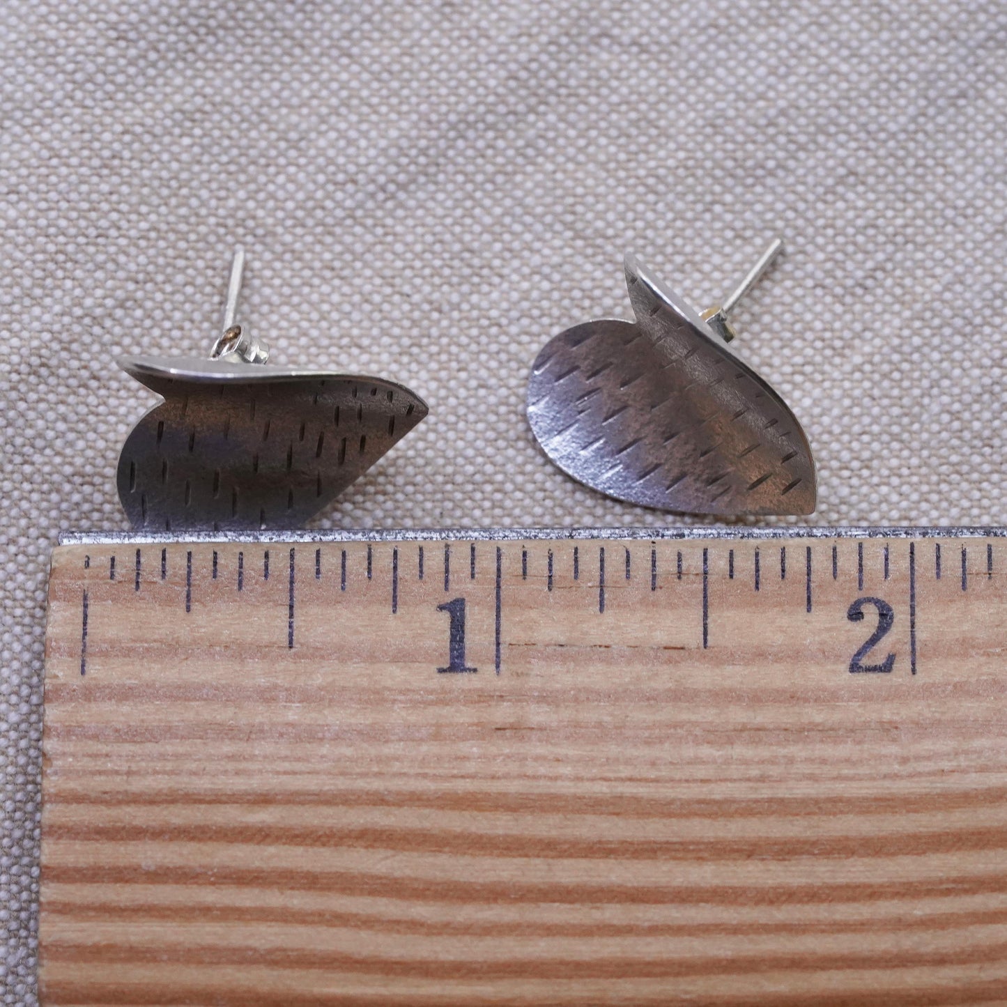 Vintage Sterling silver handmade earrings, textured 925 heart studs