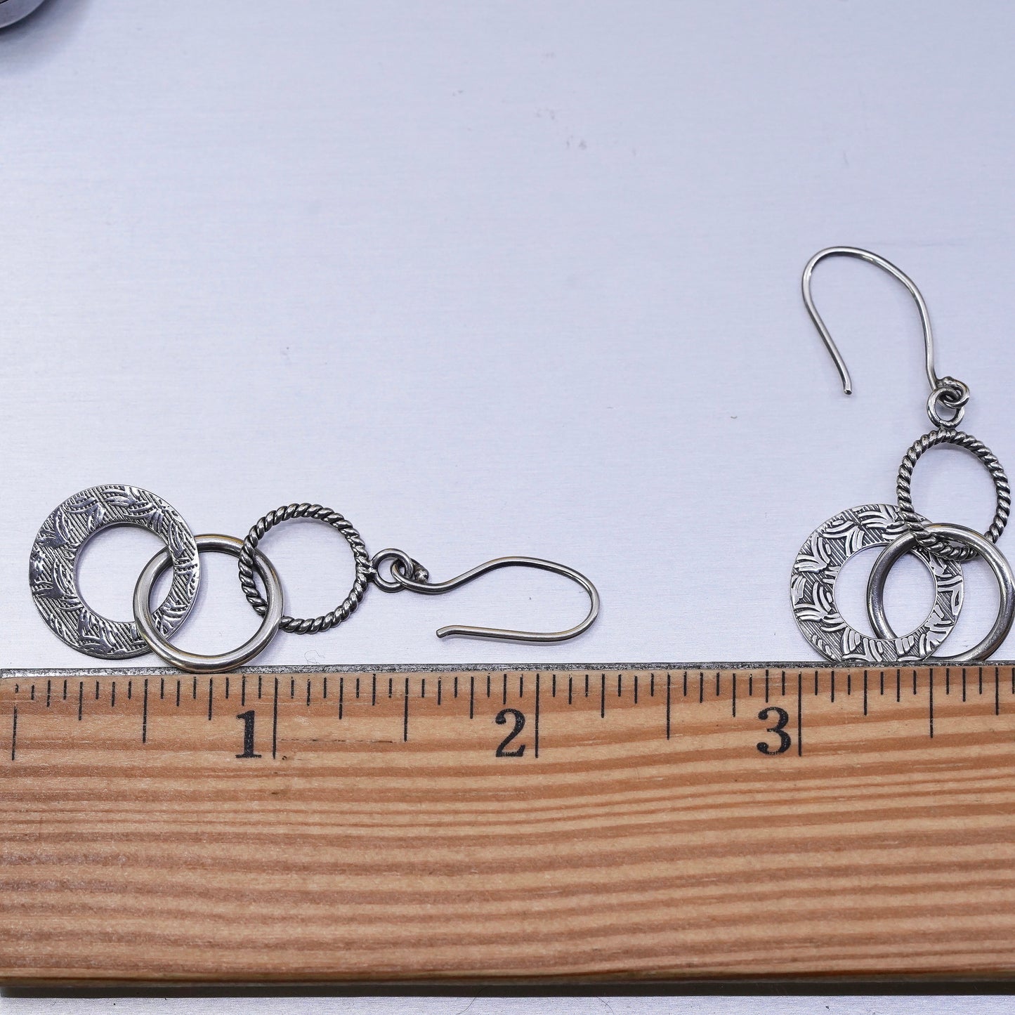 2”, Sterling silver handmade earrings, 925 entwined textured circles dangle