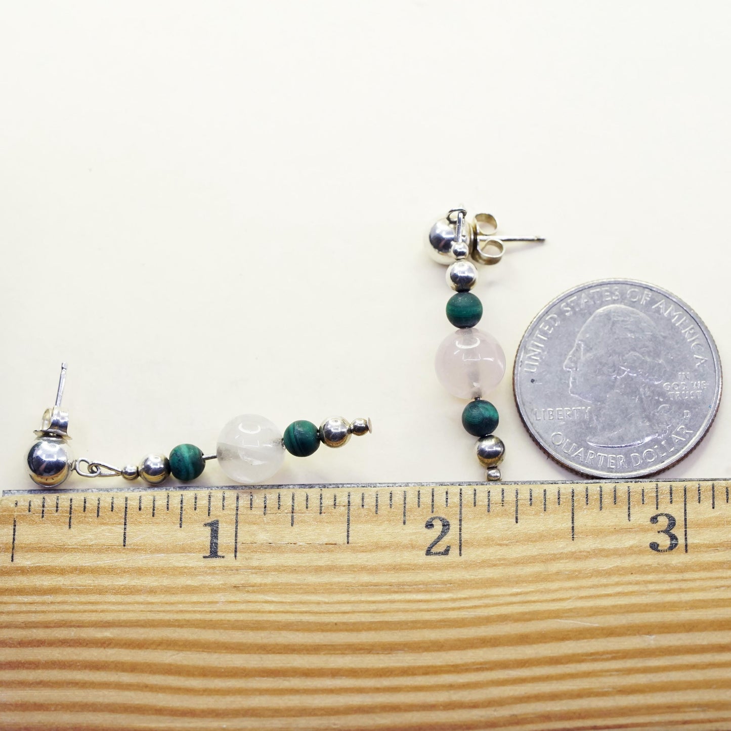 Vintage Sterling 925 silver handmade earrings with pink quartz malachite beads