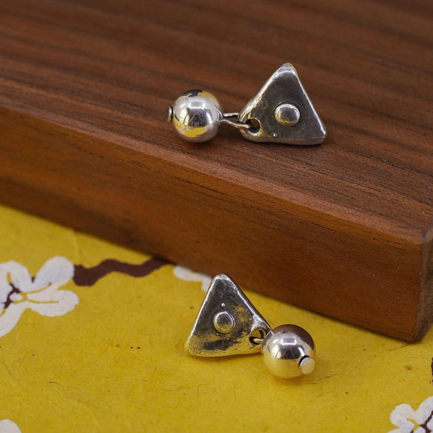 handmade sterling silver earrings, 925 triangular hammered dangle with bead