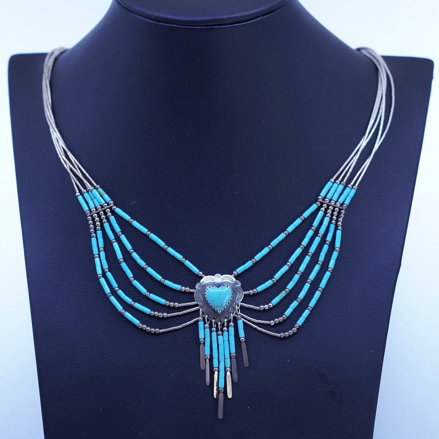 18”, liquid Sterling 925 silver strands necklace, Native American turquoise