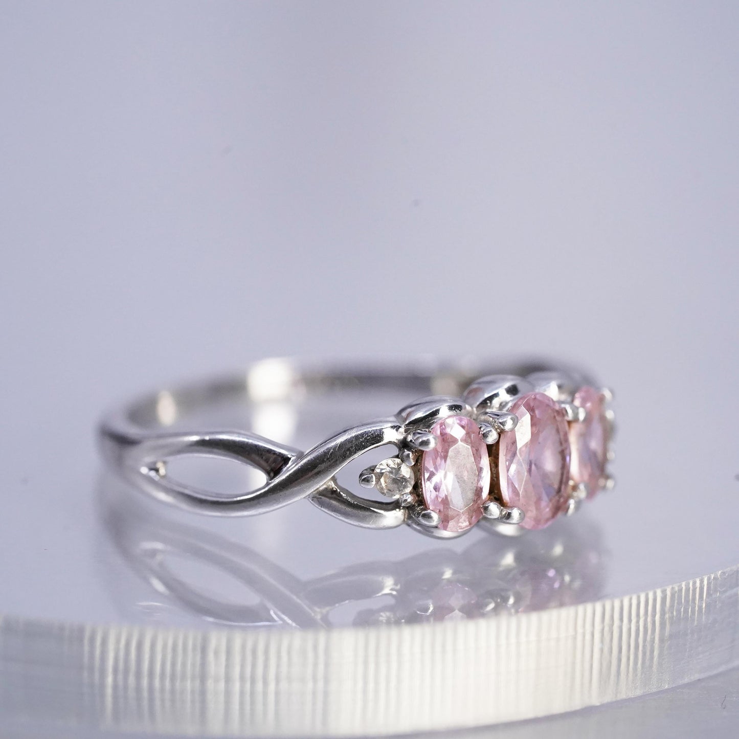 size 9.25, Vintage Sterling Silver Ring, 925 Engagement Ring with pink crystal