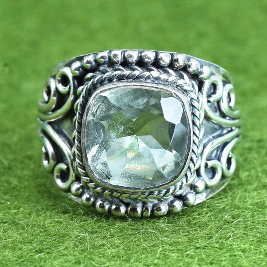 Size 7.25, Vintage sterling 925 silver handmade ring with aquamarine and beads