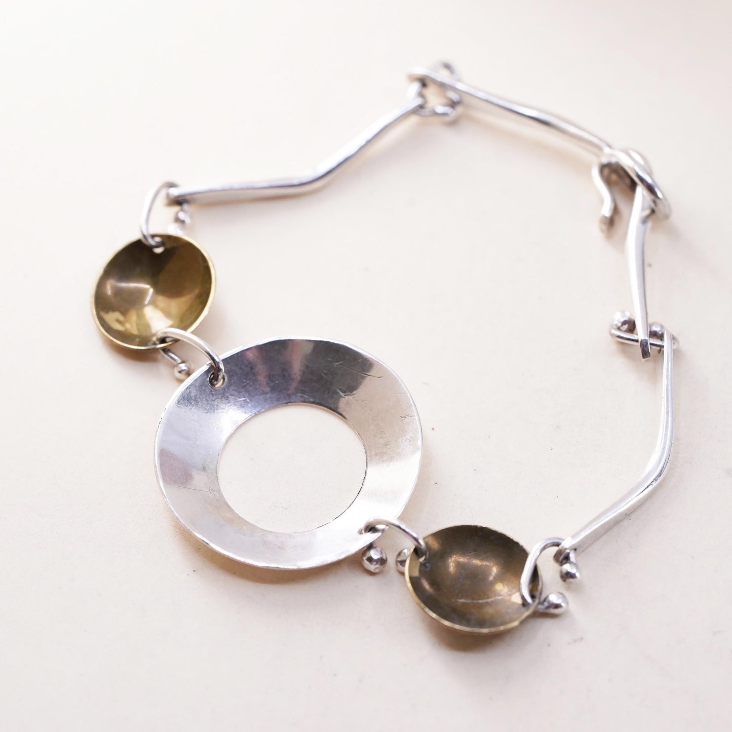 6.25”, Vintage Mexican two tone sterling silver bracelet, 925 disc chains brass
