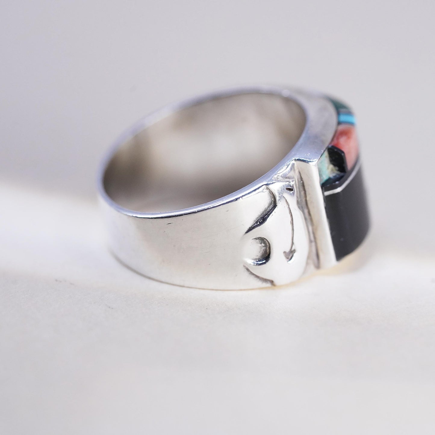 Size 8.25, Native American QT Sterling Silver Ring, Turquoise Coral Mosaic Band